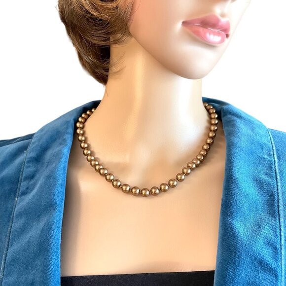 Monet Bronze Colored Faux Pearl Bead Necklace 16 to 18" w/ 8mm Beads Extender - Picture 1 of 9